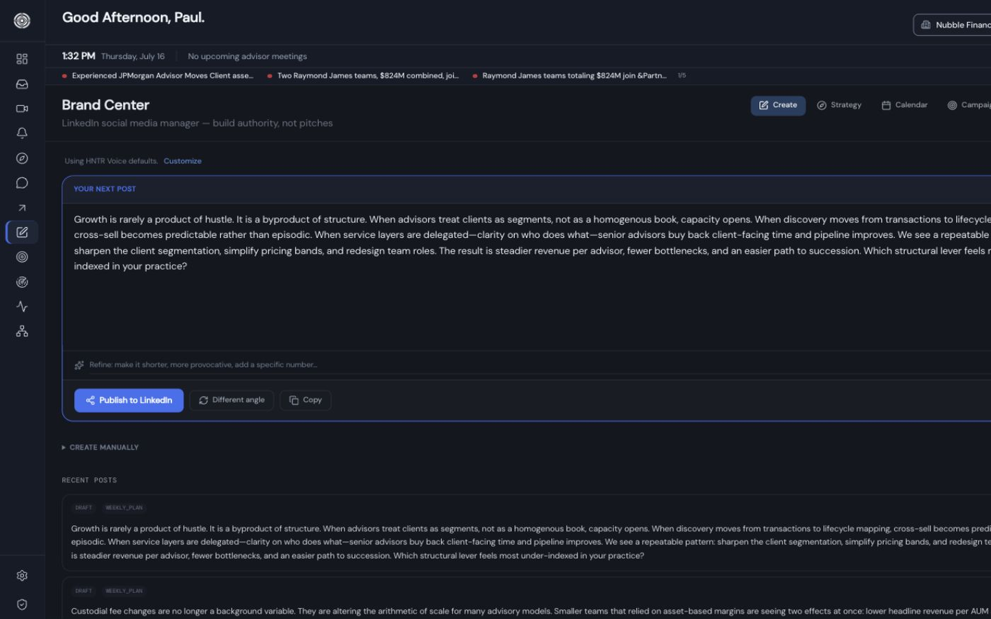 Brand Studio with a current content draft, publishing controls, and recent posts