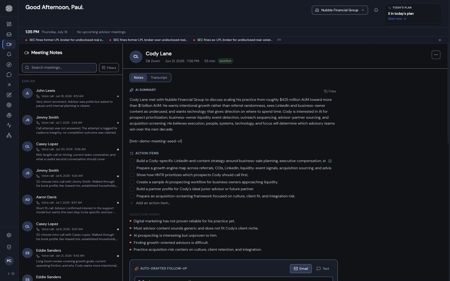 Meeting Intelligence with an AI summary, action items, objections, and a drafted follow-up